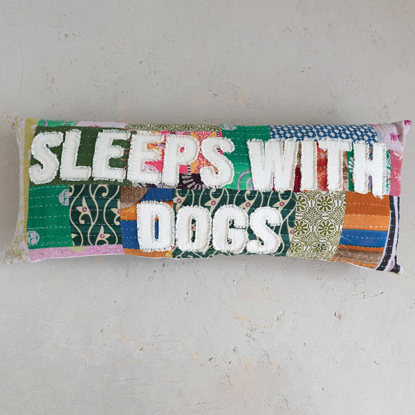 36" x 14" Vintage Kantha Patchwork Lumbar Pillow "Sleeps with Dogs"-Blue Hand Home