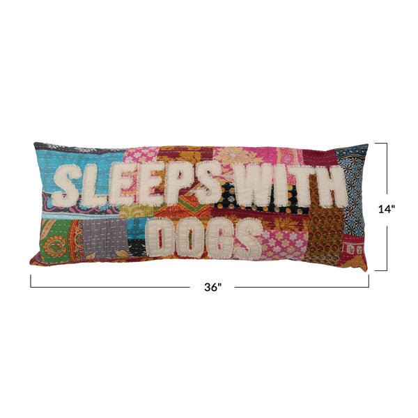 36" x 14" Vintage Kantha Patchwork Lumbar Pillow "Sleeps with Dogs"-Blue Hand Home