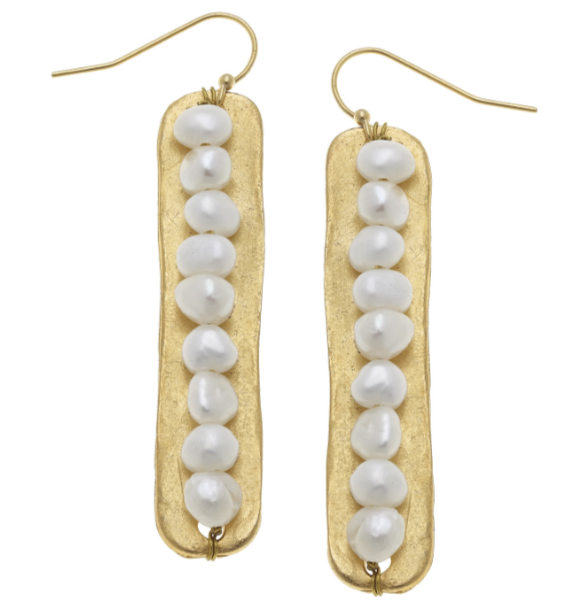 Susan Shaw Genuine Freshwater Pearls on Handcast Gold Bar Earrings-Susan Shaw Jewelry-Blue Hand Home