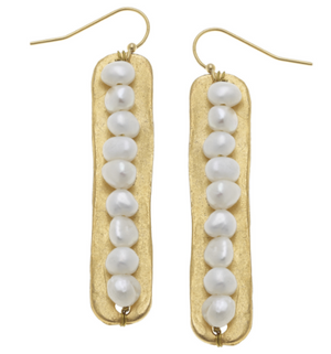 Susan Shaw Genuine Freshwater Pearls on Handcast Gold Bar Earrings-Susan Shaw Jewelry-Blue Hand Home