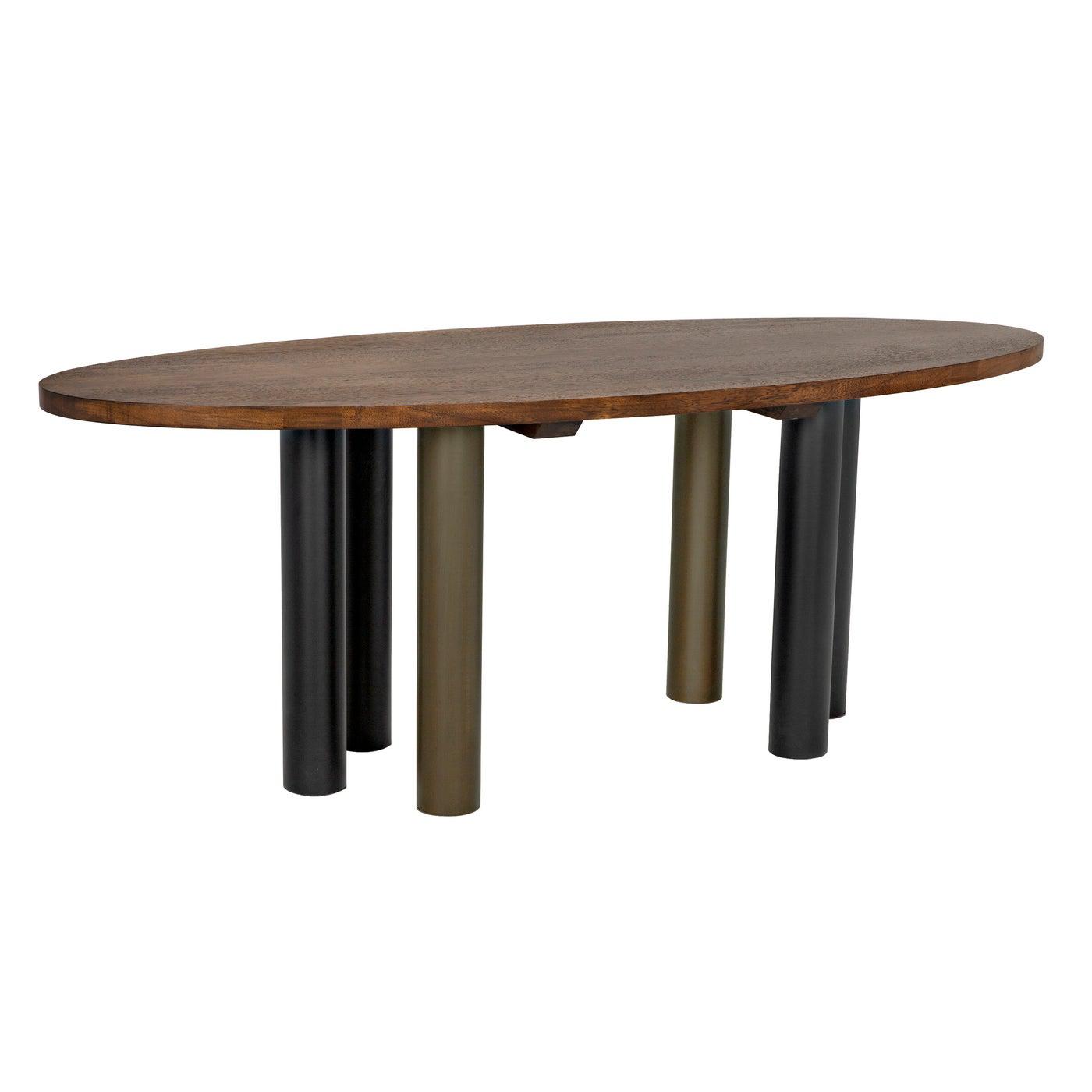 Journal Oval Dining Table, Dark Walnut with Black & Aged Brass Steel Base