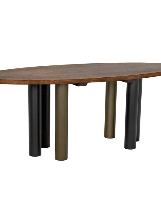 Journal Oval Dining Table, Dark Walnut with Black & Aged Brass Steel Base