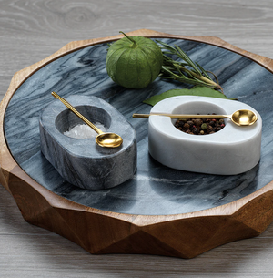 Tuscan White Marble Salt & Pepper Bowl w/ Gold Spoon-Blue Hand Home