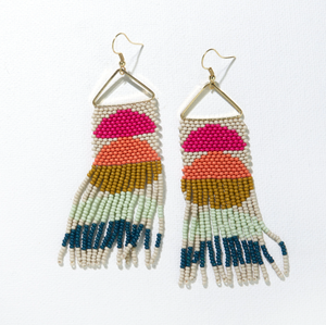 Ivory Pink Citron Peacock Half Circles on Triangle Earrings-Ink + Alloy-Blue Hand Home