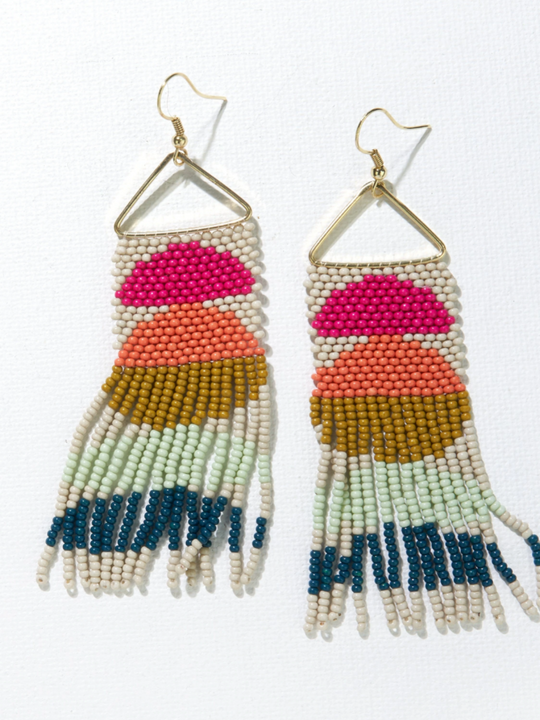 Ivory Pink Citron Peacock Half Circles on Triangle Earrings