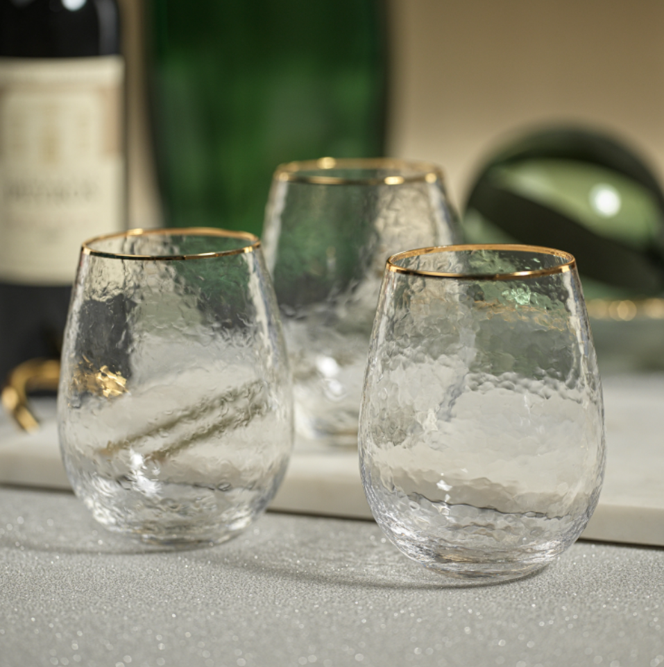 Negroni Hammered Stemless All Purpose w/ Gold Ri-Blue Hand Home