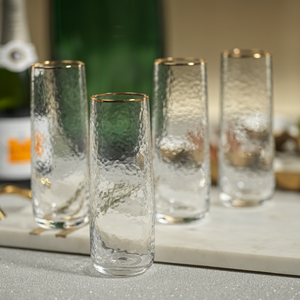 Negroni Hammered Stemless Flute w/ Gold Rim-Blue Hand Home