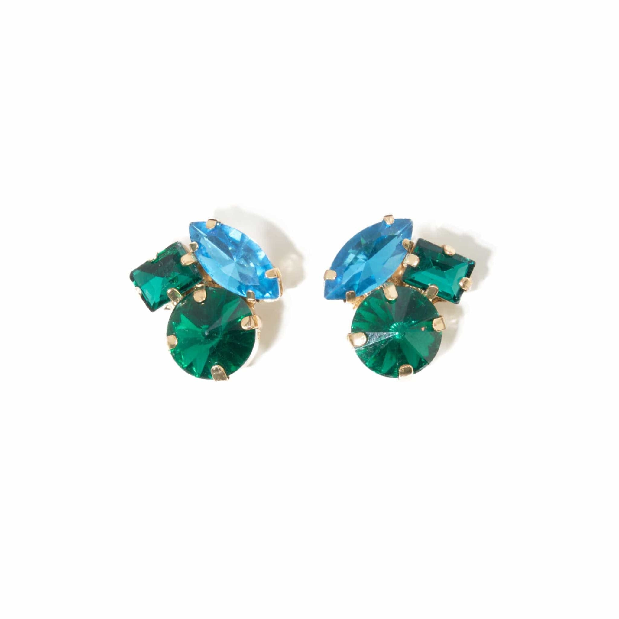 Green Blue Crystal Cluster Post Earrings-Ink + Alloy-Blue Hand Home