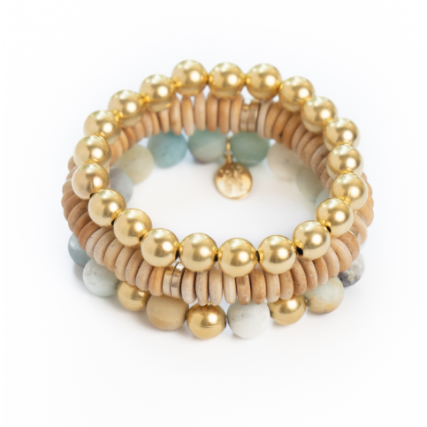 Susan Shaw Gold Plated Bead, Wood Bead & Matte Amazonite Stretch Bracelets-Susan Shaw Jewelry-Blue Hand Home