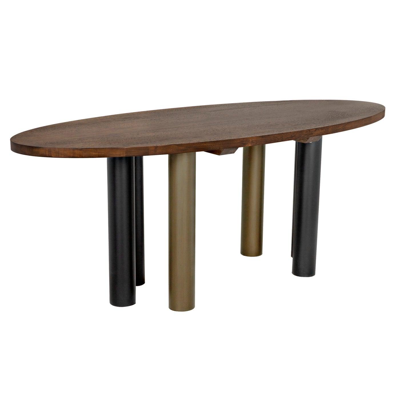Journal Oval Dining Table, Dark Walnut with Black & Aged Brass Steel Base
