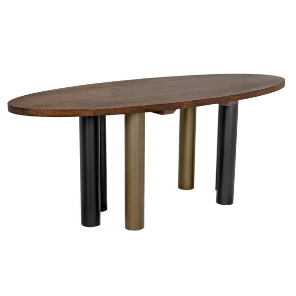 Journal Oval Dining Table, Dark Walnut with Black & Aged Brass Steel Base-Noir Furniture-Blue Hand Home