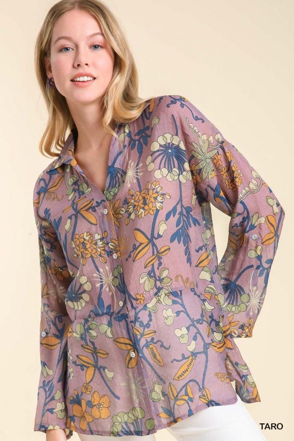 Floral Print Collared Button Up Top